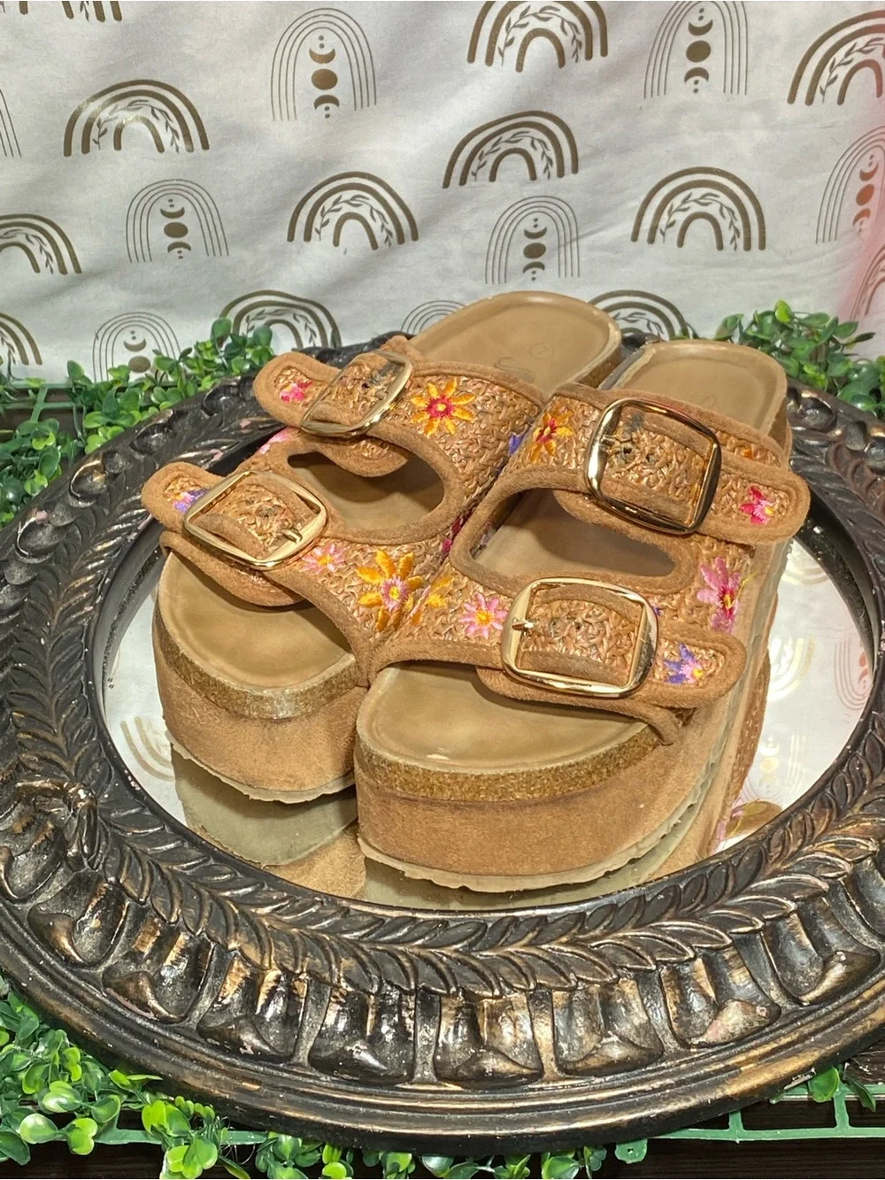 Embroidered Tan Suede Platform Slide Sandals with Buckles